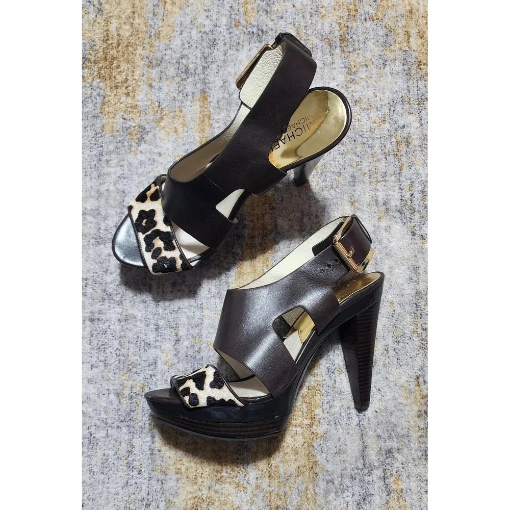 Michael Kors Womens Leather Leopard Calf Hair Platform Slingback Sandal Size 7 M
